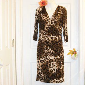 ❄️HP❄️ KAY UNGER Leopard Print Dress Sz 8 Ruched Decorative Gold Side Zipper